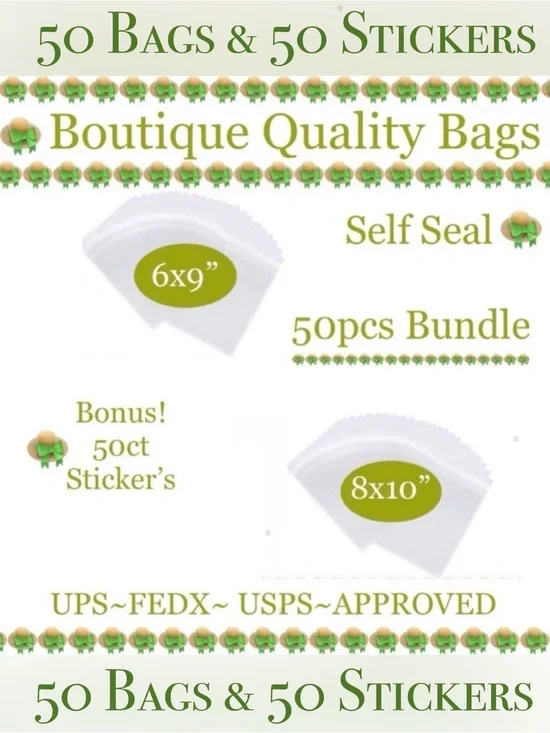 50pcs Bag Bundle 25 (6x9”) & 25 (8x10”) Clear Cello Bags w/50ct Free Stickers…