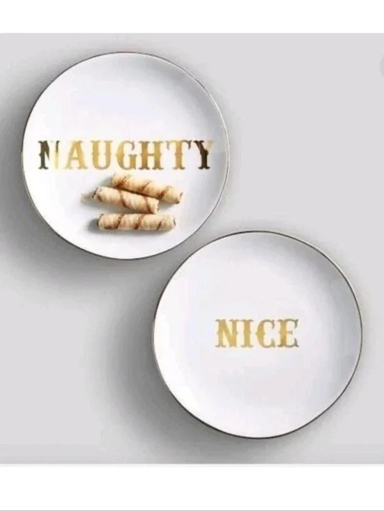 Pottery Barn Naughty & Nice 2 Appetizer Plates The Emily & Meritt White Gold