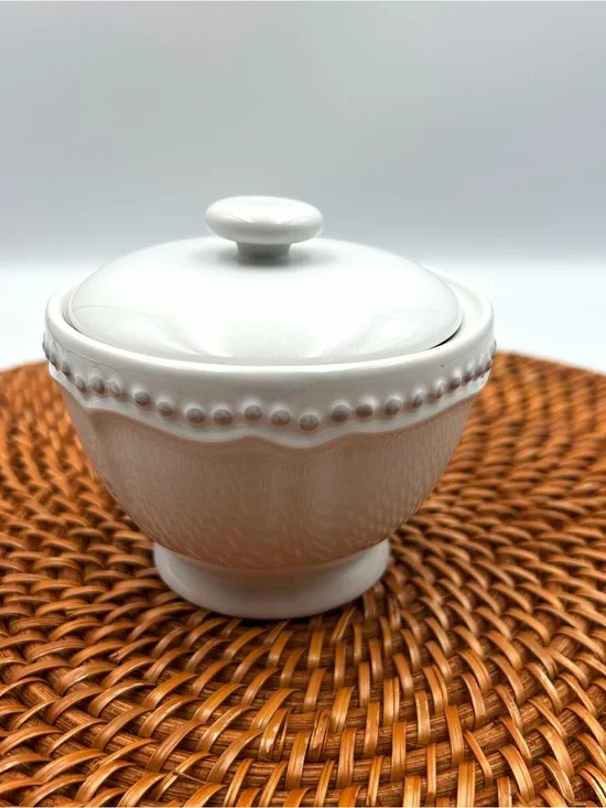 Pottery Barn Emma White Beaded Sugar Bowl Ceramic Rustic Farmhouse With Lid