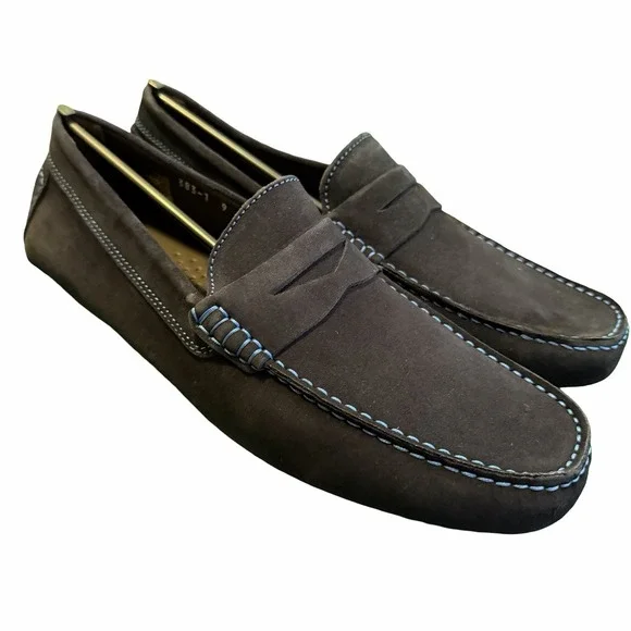 To Boot New York black suede loafers featuring blue‎ contrast stitching. Men's 9