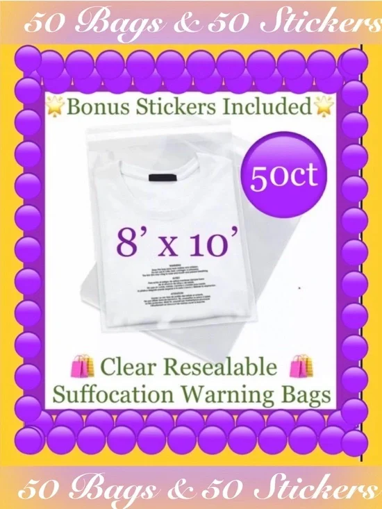 50ct~ 8x10’ Clear Poly Bags-Suffocation Label🟣🆕🟣 W/Free 50ct Thank You Stickers