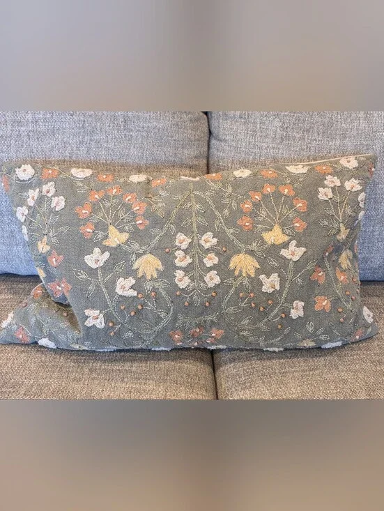 Pottery Barn Embroidered Floral Lumbar Pillow - Sage Green with Yellow and Peach