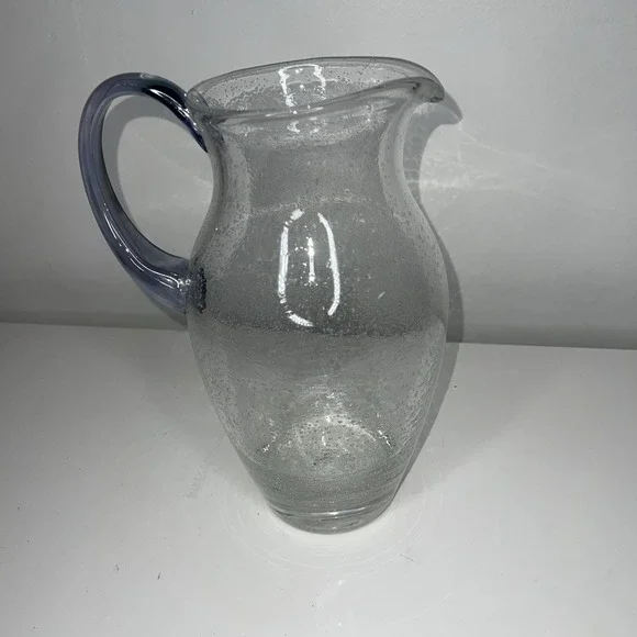 10/Vtg Pottery Barn Blown Bubble Glass Pitcher  Blue Stem Goblets Set of 4 HEAVY