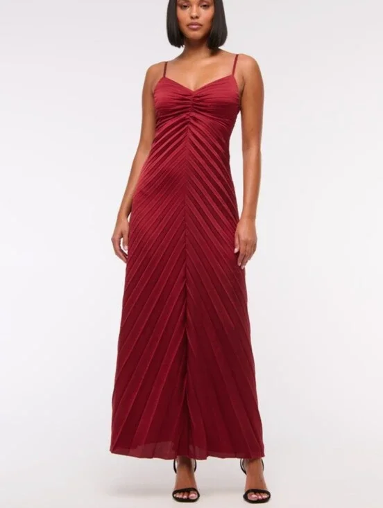 Abercrombie Giselle Sunburst Pleated Maxi Dress Ruby Red Burgundy XS Art To Wear