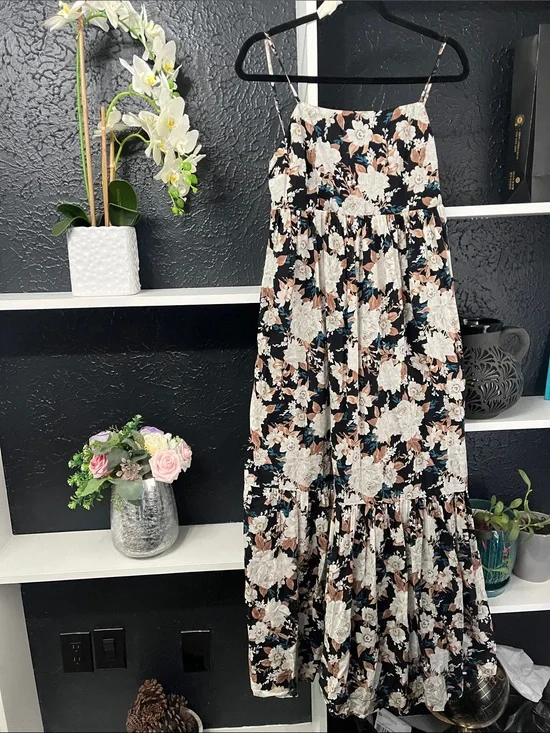 Abercrombie & Fitch Floral Tiered Maxi Dress in Black, Cream, and Tan