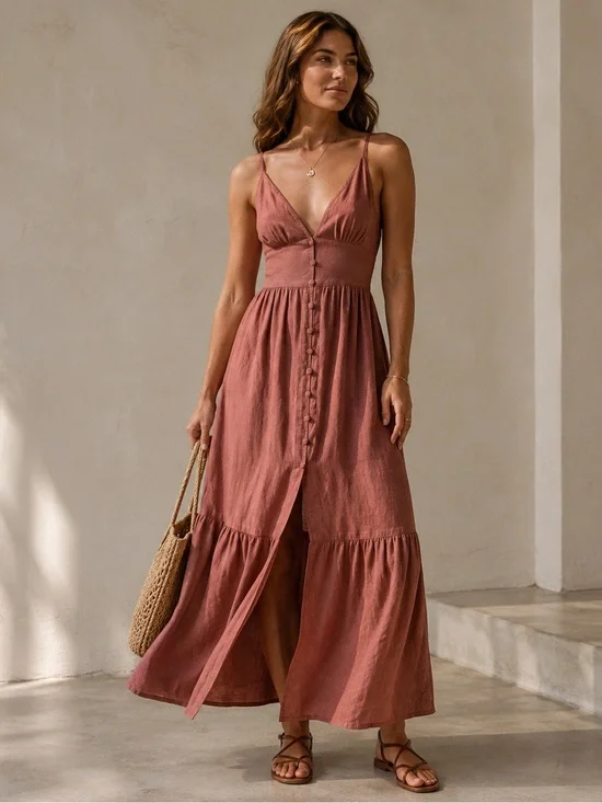 Abercrombie & Fitch NWT Button Through Maxi Dress Linen Blend in Rust Cinnamon S