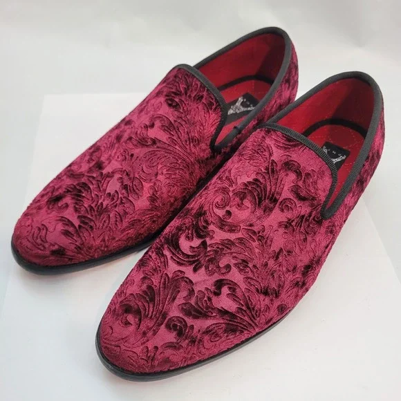 Enzo Romeo Loafers Mens 6.5 Burgundy Velvet Floral Damask Embossed Dress Shoes