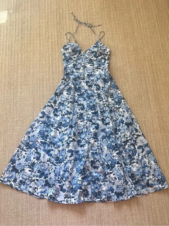 Abercrombie and Fitch medium blue and white tea length wedding guest dress