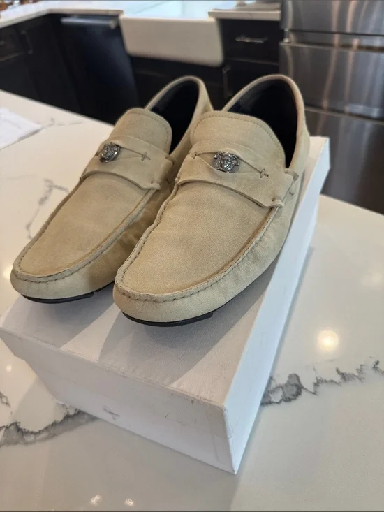 Men's Versace Beige Suede Slip-On Loafers with Decorative Metal Accent