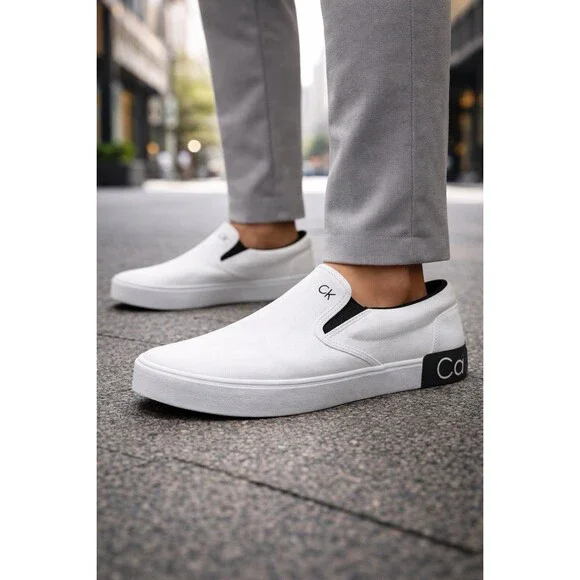 Calvin Klein Slip On Sneakers Mens 13 White Canvas Logo Casual‎ Shoes Coastal