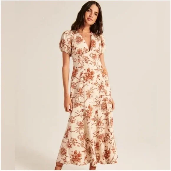 Abercrombie and Fitch Cream Floral Printed Poplin Puff Sleeve Midi Dress Small