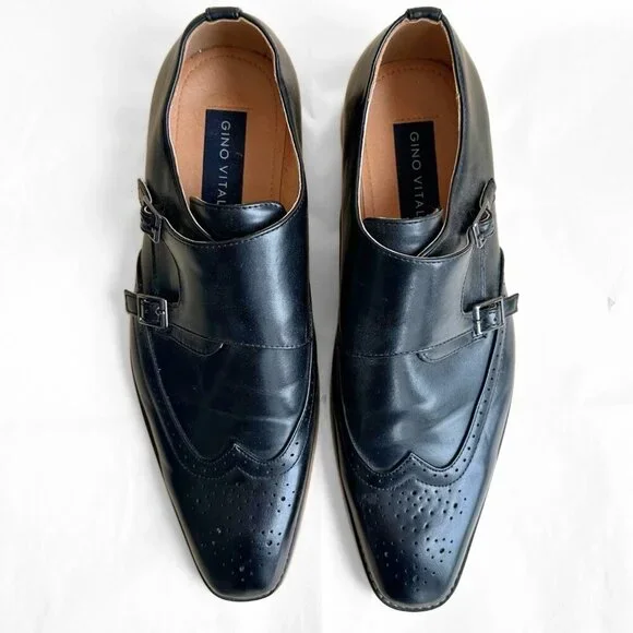 Gino Vitale Men 12 Black Wing Tip Dress Shoe Double Monk Strap Brogue Loafer