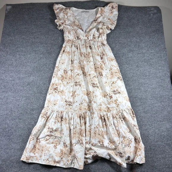 Abercrombie & Fitch Dress Womens S White Brown Floral Ruffle Maxi V-Neck