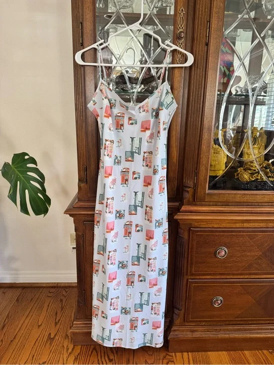 Abercrombie & Fitch White Slip Dress with Coral and Teal Scenic Print