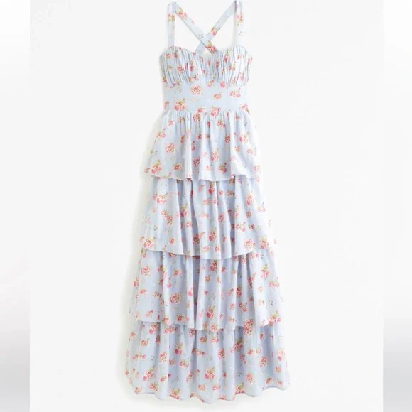Abercrombie & Fitch Corset Floral Ruffle Layer Tiered Maxi Dress NWT🔖