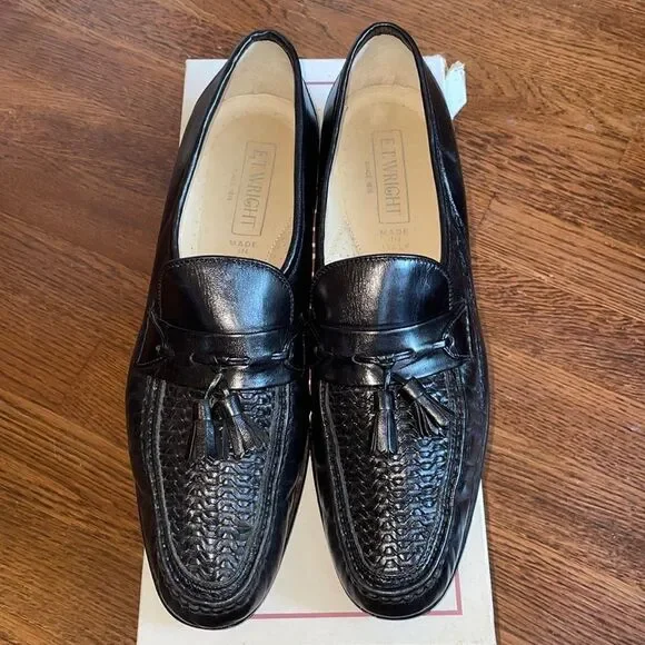 E.T. Wright Woven Vamp black leather slip on loafers‎ with tassels