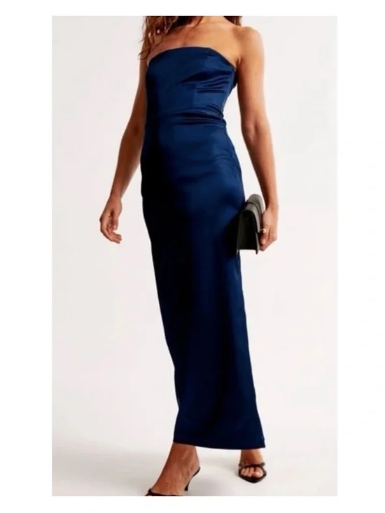 NEW Abercrombie & Fitch Satin Sculpt Strapless Maxi Dress - Navy Blue Size XS