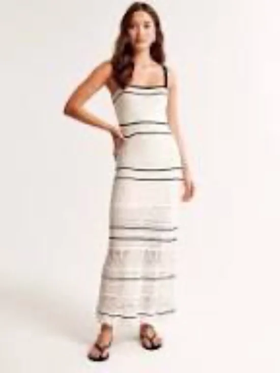 Abercrombie Women's Cream Crochet Maxi Dress with Black Trim
