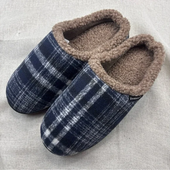 Men's Blue Plaid Hoodback Memory Foam Slippers Size 9.5-10.5