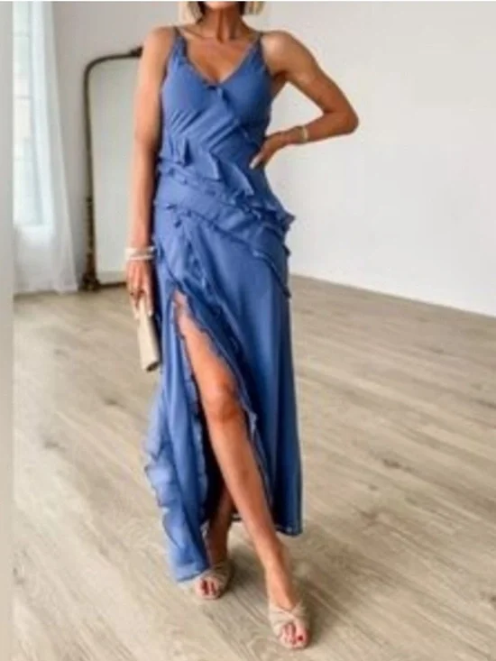 Abercrombie & Fitch Cascading Ruffle Maxi Dress Blue Size Small Petite NWT New