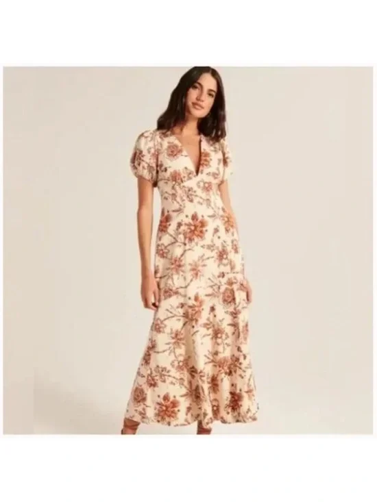 Abercrombie Puff Sleeve Slim Poplin Dress Floral Brown