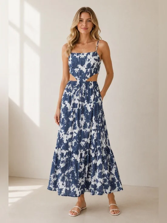 Abercrombie & Fitch Blue & White Cutout Maxi Dress Medium Lined Pockets