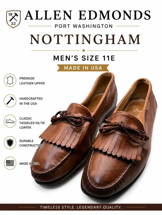 Allen Edmonds Nottingham Kiltie Tassel Loafers Brown Leather Men’s Size 11E