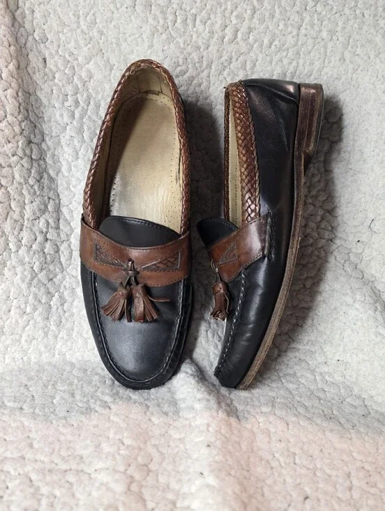 Allen Edmonds Maxfield Two Tone Tassel Loafers Mens 9.5 D Black Brown Leather
