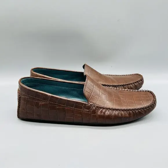 Cole Haan Shoes Mens 11 Brown Leather Croc Embossed Driving Moc Loafers Comfort