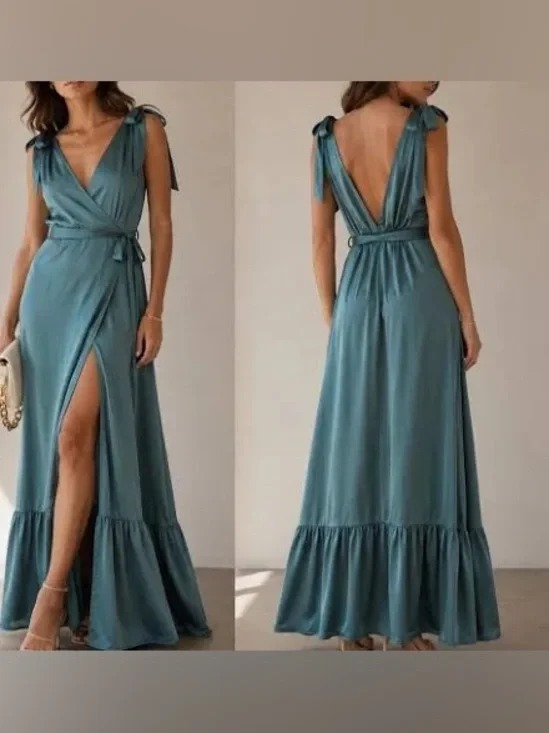 Abercrombie & Fitch Tie-Shoulder Satin Wrap Maxi Dress Size Medium