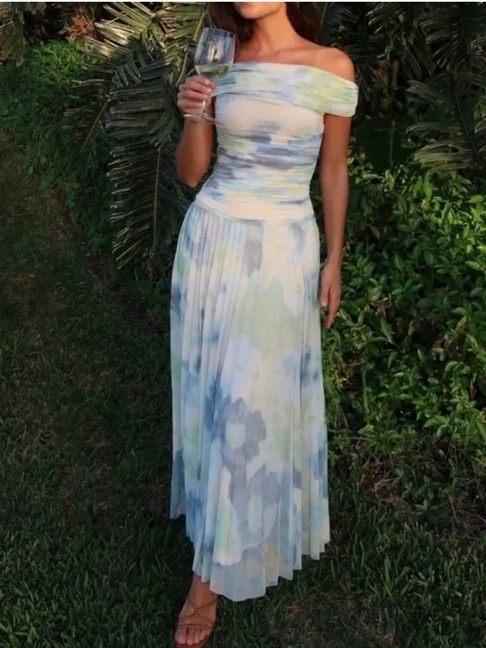 Abercrombie & Fitch The Giselle Drop-Waist Mesh Maxi Dress Blue,Green Size Small