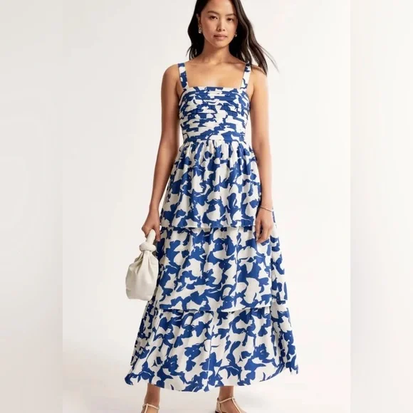 Abercrombie and Fitch Emerson Tiered Maxi‎ Dress Blue White Print Small NWT