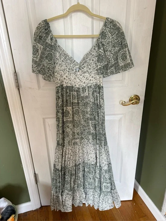 Abercrombie Boho Floral Maxi Dress in Green and Cream