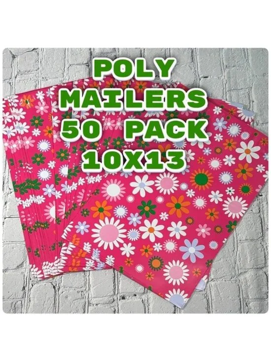 Poly Mailers 50 Pack 10x13 Flower Design Colorful Pink Orange Purple Green