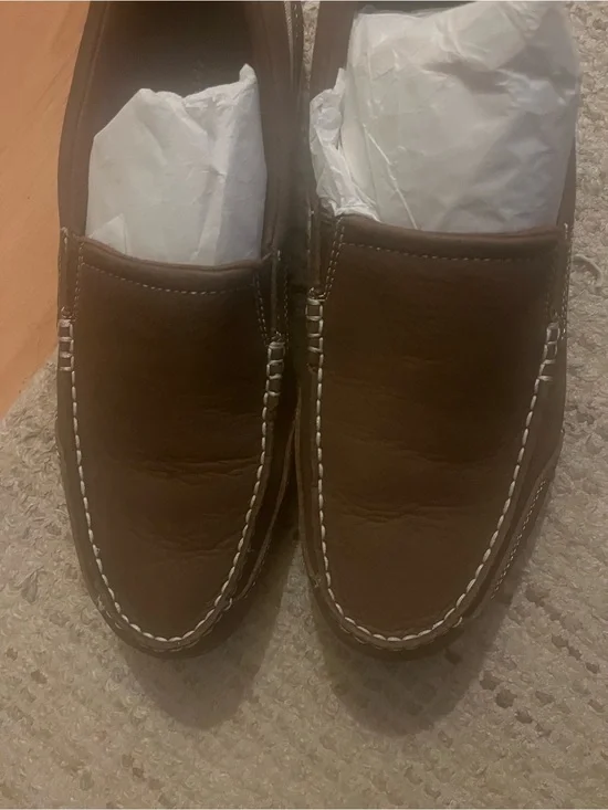 Rockport Brown Leather Slip-On Driving Loafers with White Stitching