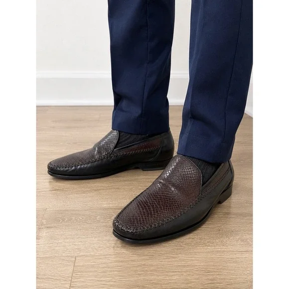 Bragano Cole Haan Mens 8.5 M Brown Snakeskin Leather Loafers Made in Italy Dress