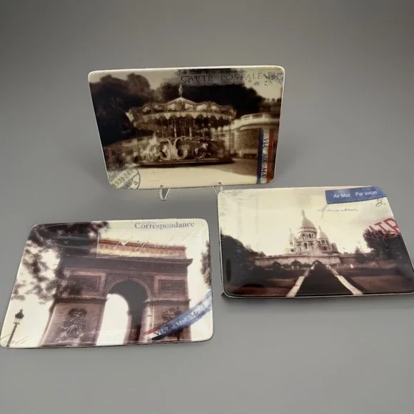 VTG Restoration Hardware Set 3 Paris Postcard Ceramic Trinket Appetizer Plate