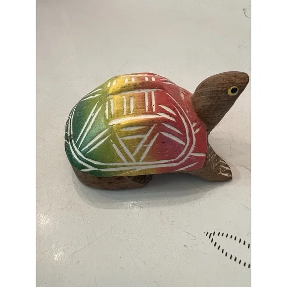 Hand Carved Green Red Yellow Wooden Turtle, Tortoise Figurine Home Décor 3