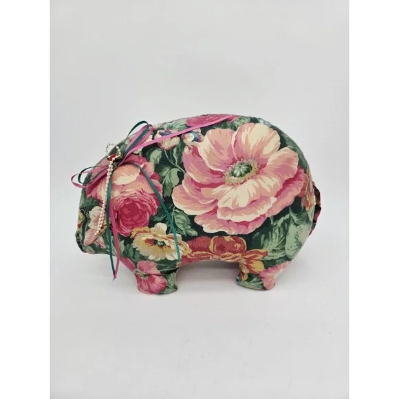 Vintage Handmade Floral Stuffed Pig Piggy Figural Flower‎ 90s Pillow Bow Stands!