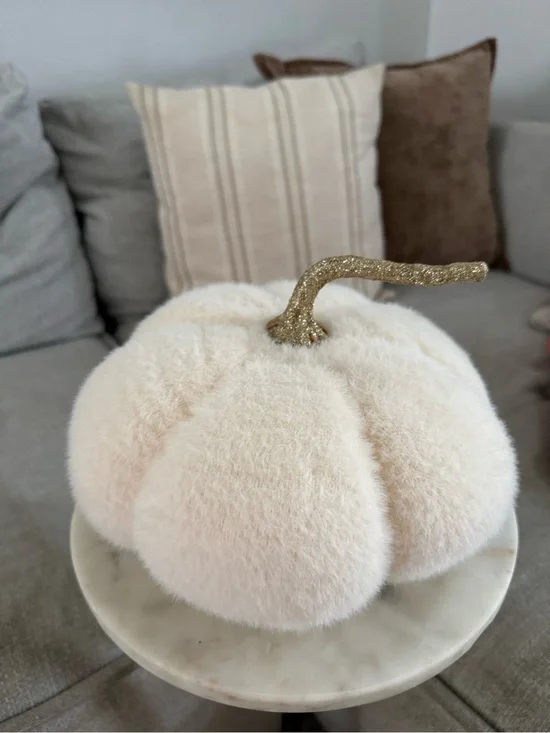 Plush Cream Decorative Pumpkin with Glitter Stem