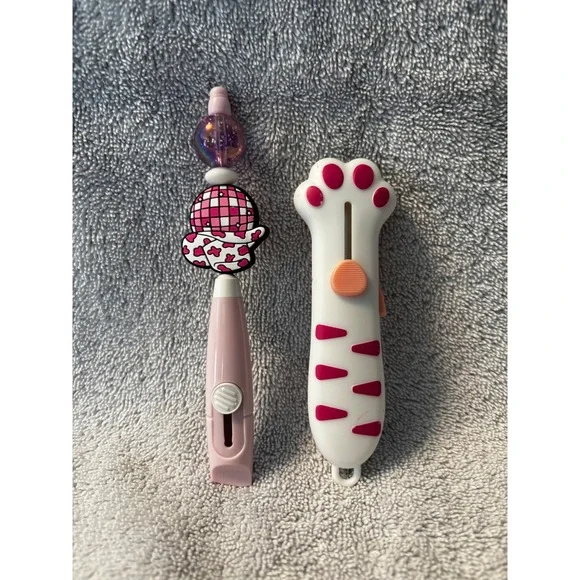 2pc Cute Retractable Box Cutter Set Pink Disco Cowboy Hat & Cat Paw Stationery