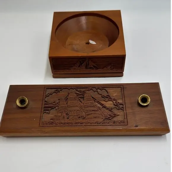 Nautical  Lasercraft Walnut Desk Set · Ship Pen Holder + Ashtray