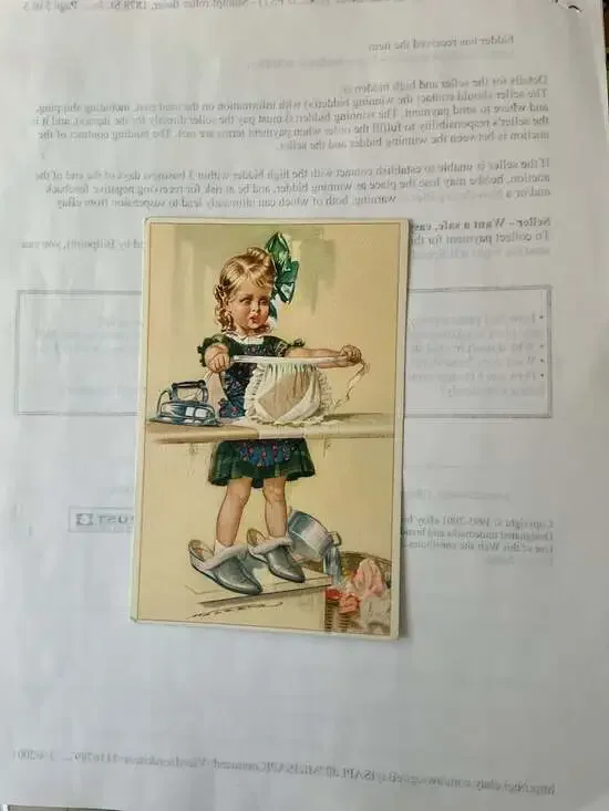 Vintage Dolly Dimples Postcard Illustration of Little Girl Ironing