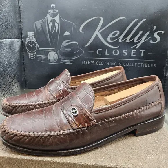 Florsheim Mens 10 D Brown Crocodile Print Leather Penny Loafers Slip On Shoes...
