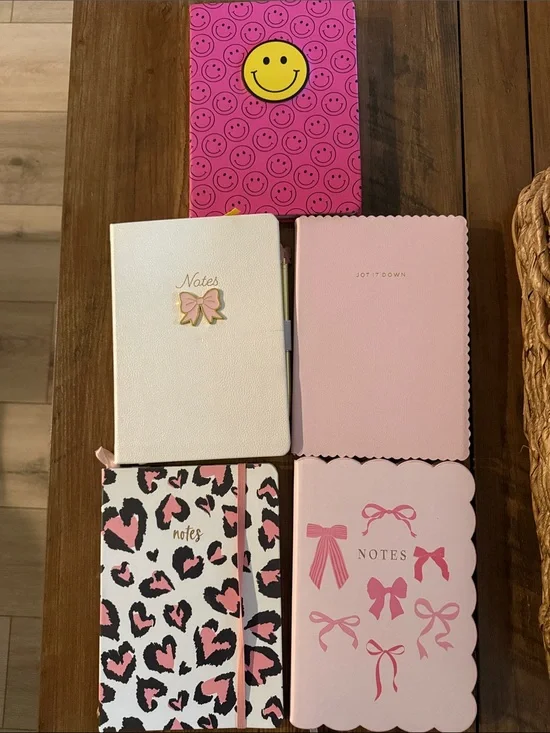 Pink & White Notebook Bundle - Smiley, Bows & Leopard Print