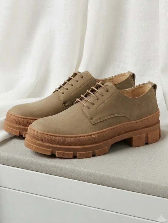 Nae Vegan Taupe Derby with Brown Lug Sole Shoes.