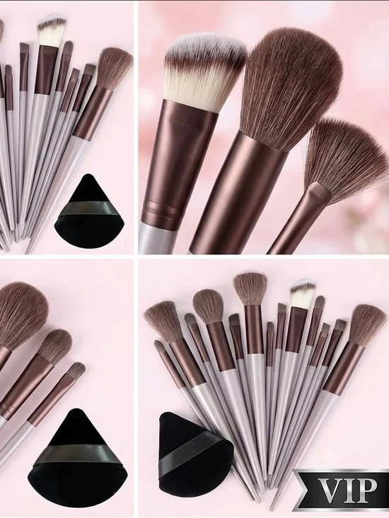 Multi Piece Women's Makeup Brush Set in Rose Brown & Silver Handles