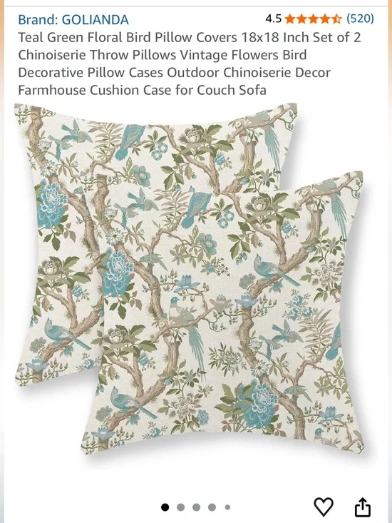 GOLIANDA Teal Green Floral Bird Throw Pillow Covers
