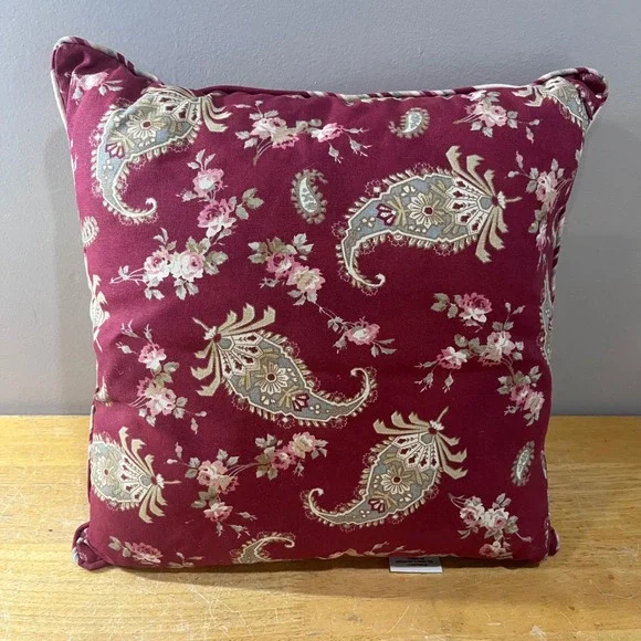 Vtg Waverly Norfolk Rose Burgundy Floral Paisley Stripe Throw Pillow 16x16