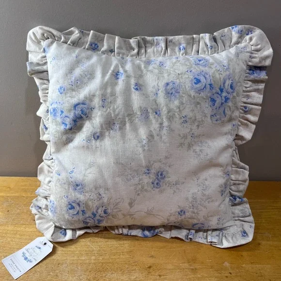Simply Shabby Chic Blue Floral Rose Ruffle Linen Toss Pillow 16x16 Vtg 2003 NEW